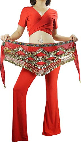 Carnavalife Pañuelo de Danza del Vientre Mujer Baile Oriental Bufanda Falda Cinturón de Cadera con 271 Monedas Lentejuelas (ZP142-rojo, Talla única)