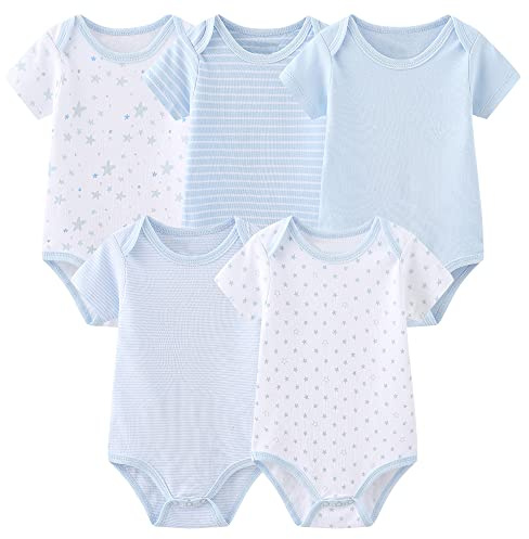 Chamie Baby bodysuit bomull kortärmad västar för nyfödda 5-pack endelad kostym för pojke och flicka 0-12 månader., BLÅ, 9-12 Months