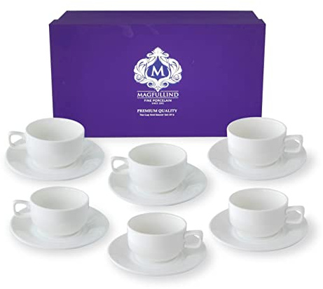 Magfullind Set di 4 tazze da cappuccino in porcellana da 200 ml, con piattini, perfette per bevande speciali al caffè, latte, caffè e tè, bianco