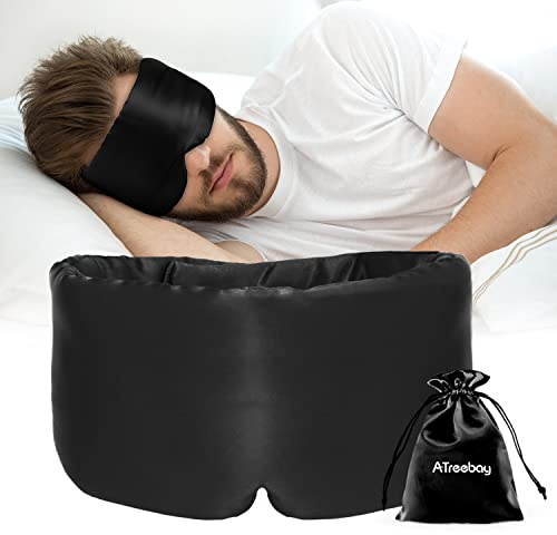 ATreebag Silk Sleep Mask for Women Men, Mulberry Silk Eye Sleeping Mask & Blindfold with Adjustable Strap, Blackout Eye Cover for Sleep Travel Yoga Nap, Large Size, Black