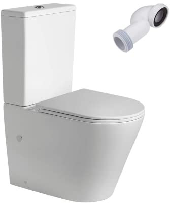 Wc Inodoro Completo Redondo Blanco Mate | Inodoro Tanque Bajo con Cisterna y Asiento Extrafino de color Blanco Mate | Wc de Diseño Moderno Adosado a Pared con Salida Dual y Sistema Rimless