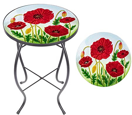 MUMTOP Outdoor Side Table - Small Mosaic Patio Tables, 14” Round Accent End Coffee Glass Plant Stand for Garden Living Room(Poppy)