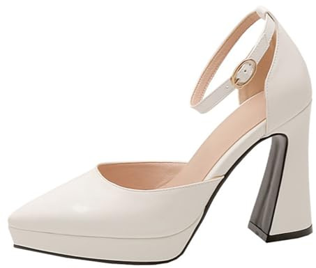 Lroey Reoly Sandali con Tacco Alto Donna, Sandali Appuntito Eleganti Tacco a Blocco Scarpe da Sposa con Plateau Fibbia con Cinturino Alla Caviglia 027 Bianco Numero 37 EU