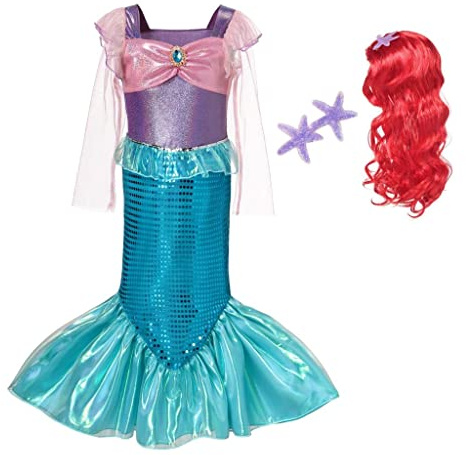 Lito Angels Deguisement Robe Sirene Princesse Ariel avec Perruque de Cheveux pour Enfant Fille Taille 7-8 ans, Violet Bleu (étiquette en tissu 130)
