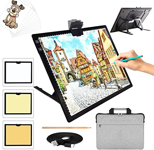 TOHETO A3 Ricaricabile Tavoletta Luminosa per Disegnare con Borsa, Supporto Pieghevole, Tracing Light Box LED Light Pad di Disegno, con Luminosità Regolabile, per Schizzi, Pittura a Diamante 5D