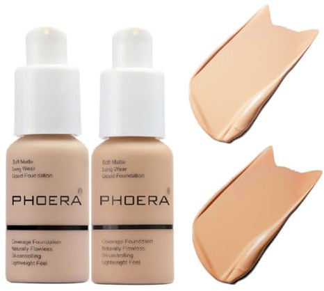 2 Pack PHOERA Foundation 102# Nude and 104# Buff Beige,Full Coverage Flawless Soft Matte 24 HR Oil Control Waterproof Concealer Liquid Foundation Makeup. ﻿