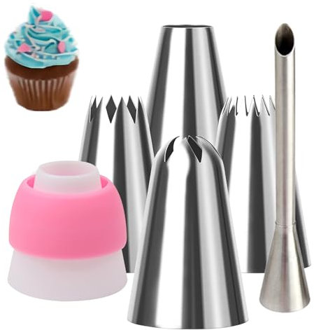 YANINEE 6 Stück Edelstahl Spritztüllen groß Blumen Set (821,855,869, 807), Tüllen für Spritzbeutel mit Krapfen Füllen und Adapter (XL)