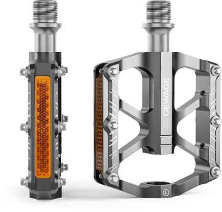 Mountain Bike Pedals - 3 Bearings Bicycle Pedals with Reflectors - 9/16” CNC Machined Flat Pedals with Removable Anti-Skid Nails for Road Mountain BMX MTB Bike (Titanium)