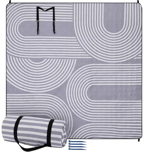 JEMIDI Picknickdecke 200x200 - Picknickdecke groß - Stranddecke XXL - Campingdecke - Picknickdecke wasserdicht - Picknick Decke - Badedecke - Waschbar und tragbar - Grau/weiß