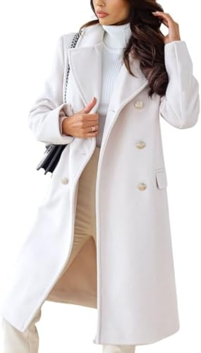 Abrigo Largo de Lana con Doble Botonadura y Solapa de Invierno para Mujer (Blanco,XL)