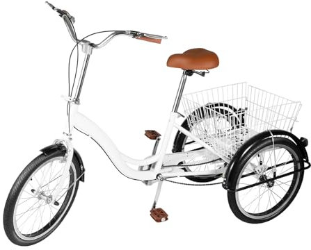 Ealtqund Dreirad für Erwachsene 20 Zoll 3 Rad Fahrrad mit Einkaufskorb Tricycle für Erwachsene und Senioren, Weiß Schaltung Dreirad für Erholung, Einkaufen, Picknicks, Reisen