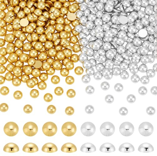 PH PandaHall 800 perlas redondas de parte trasera plana, oro y plata, cabujones redondos de 10 mm con parte trasera plana para proyectos de manualidades, joyería, zapatos, álbumes de recortes