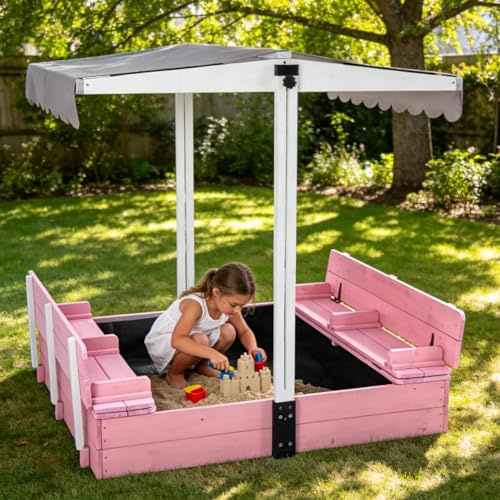 Sandbox with Cover,Large Wooden Sand Box with lids Foldable Beench Seats,Sand Boxes for Backyard Garden, Beach Patio Outdoor (GUT05-Pink)