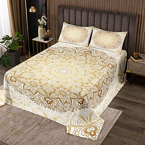Boho Mandala Tagesdecke 240x260cm Bettüberwurf böhmischen Stil für Teenager Luxus Golden Weiß Mandala Dekor Steppdecke Exotisches Blumenmuster Wohndecke 3St