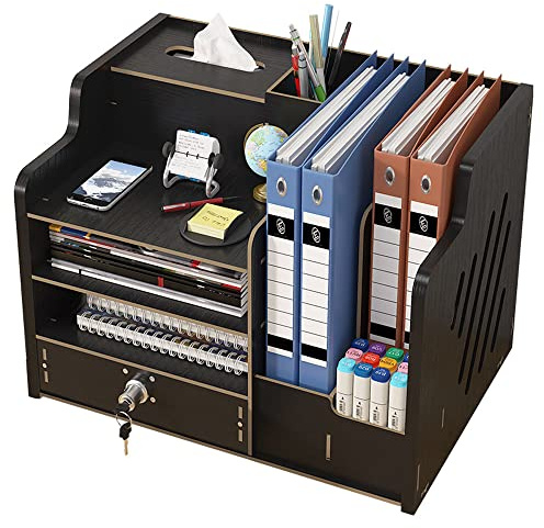 Updated Wooden Desktop Organiser with Drawer, Large Capacity Desk Tidy Storage Holder File Rack A4 Paper Document Sorter DIY Office Supplies Storage Box for Home, Office and School (JB07-2 Black)