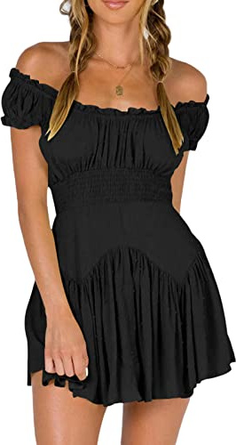 Vestido corto de verano para mujer con mangas abombadas y hombros descubiertos, cuello cuadrado, con volantes, línea A, suelto, vestido de playa oscilante, vestido de sol fruncido, J, XL