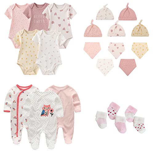 MAMIMAKA Nyfödd babykläder set 23-delar, 5-pack bodysuit+3PJS och tillbehör för 0-6 månader, Rosa-3, 3-6 Månader
