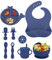 SOBEAU 10 Stück GeschirrSet，Wale Kindergeschirrset Teller，Silikonplatte Baby，BPA Frei Baby Geschirrset mit lernlöffel baby,Rutschfeste Schüssel, Essteller, Lätzchen, 2-in-1-Trinkbecher (Blau)