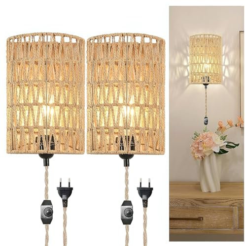 2 Piezas Apliques Pared Interior de Ratán Tejida E27, Lámpara de Pared Rustica Vintage con Interruptor Regulable y Enchufe, Cable de Retro Cáñamo Luz Pared para Dormitorio Salón(Bombilla no Incluida)