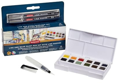 Derwent Line and Wash Mixed Media Paint Set, Set of 14, Half Pan Size, Fine liner Pens, Water-Soluble Paint, Ideal for Urban Sketching Paintings, Professional Quality, Travel Size, 2306245
