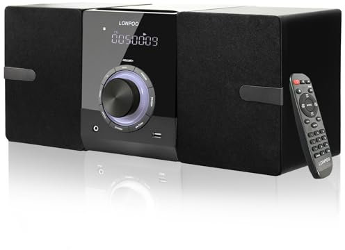 Sistema estéreo para casa Micro HiFi Compacto con Reproductor de CD, Bluetooth, Radio FM, USB, AUX-in, Pantalla LED y botón Grande, Mando a Distancia
