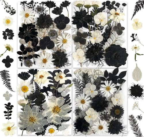 YouthBro 140PCS Black White Dried Pressed Flowers with Butterfly Stickers Real Nature Flowers Set for Craft Resin DIY Jewelry Candle Soap Vase Making Nail Card Scrapbook Art Craft Floral Decors