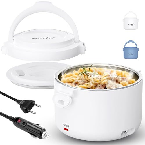 Aotto Electric Lunch Box 80W Portable Food Warmer - 950ml/32Oz Heated Lunch Box Adults Food Heater - 12V/24V/220V 3-in-1 Lunch Warmer Portable for Work/Travel/Car/Truck/Home/Office (White)