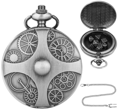 Qaestuan 1 st polyhedral tärningar, Mini D&D Muttrar i metall med Steampunk Brons ihåligt fodral för fickur, för Dungeons And Dragons DND Rpg MTG D4 D8 D10 D12 D20, silver