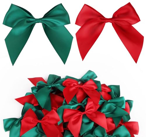 GEBETTER 30Pcs Lazos Navidad 10cm Poliéster + 40Pcs Puntos Pegamento Adhesivo, Decoración Árbol Navidad Manualidad Adorno Navideño Cajas Bolsas Regalos Sobres Botellas Vino (Rojo Verde)