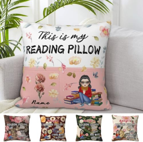 Custom Just A Girl Who Loves Books Reading Pillow Case for Sofa Bed Couch Chair or Dorm Personalized Name Portraits Pockets Pillow Square Cushion Cover Book Lovers Gifts for Women Reader Book Lover