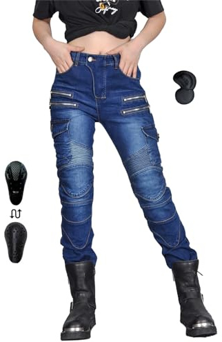 oFzimTo Pantalon Moto Mujer, Pantalon Vaquero Moto (Azul,XS)