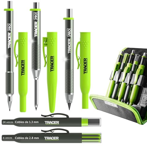 Tracer Pro 5-Piece Construction Pencil Kit with Storage Case | The Professionals Marking Set – Precision, Tough, Deep Hole Pencil and Refills for All Trade Surfaces & Materials