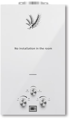 Furvveerr 10L Scaldabagno a Gas GPL,con Modalità Inverno ed Estate,Bianco,Caldaia a Gas da 20KW,Scaldabagno Gas di Petrolio Liquefatto,Uscita Dell'acqua Calda 10L/min