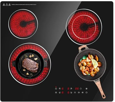 Borrallio Piano Cottura in Vetroceramica 60cm 6300W, Piastra Elettrica da Incasso 4 Fuochi, Comandi Touch, Timer 99 Min e Blocco Bambini, Superficie Nera, Compatibile con Tutte le Pentole