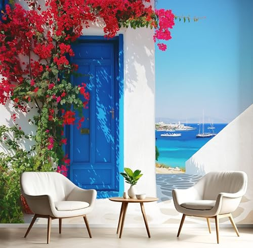 JEDTAKCT Papier Peint Architecture Insulaire, Papier Peint Panoramique Motif Paysage Grec, Fresque Murale 350X256Cm, Décoration Image Murale Bleu Ciel Pour Salon Chambre Bureau Tv Artistique