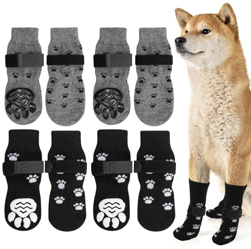 Weniubit 4 Paires de Chaussettes pour Chiens Antidérapantes Double Face, Chaussettes pour Chiens Anti-fuites avec lanières réglables, Chaussettes pour Chiens d'intérieur en Plein air (L)