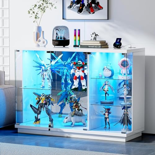 Guerxl Vitrina con Iluminación LED Y Función de Carga para Salón,120 CM Largo Vitrinas de Crista con Sensores Inteligentes Y Estantes de Vidrio Extraíbles para Oficina Personal,Coleccionables,Blanco