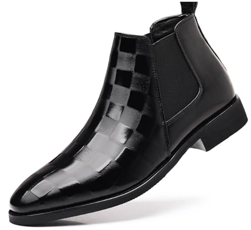 YHEROHG Men's Patent Leather Print Slip On Chelsea Boots Comfortable Elastic Band Pointed Toe Chunky Heel Business Work Dress Chukka Ankle Boots (Black,9)
