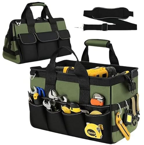 Heavy Duty Tool Bag, 16 Pockets Tool Organizer, 16 Inch Portable Tool Box Organizer Storage Bag with Long Adjustable Shoulder Strap and Handle, Wide Mouth Toolbag for Garden Home Tool Kits Organizer