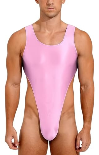 Men's Shiny Glossy Leotard Sleeveless U Neck High Cut Thong Low Back Style
