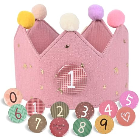 Hukermoon Corona di compleanno per bambini, in tessuto regolabile, corona di compleanno, mussola con numeri intercambiabili da 0 a 9, corona di compleanno, unisex, per feste di compleanno dei bambini