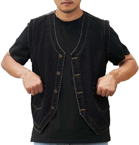 Genérico Chaleco de mezclilla casual para hombre de corte holgado, sin mangas, para exteriores (Black, L)
