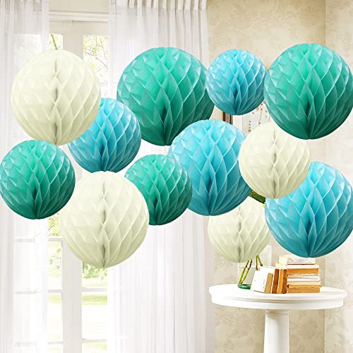 Time to Sparkle 12 Pack Tissue Paper Honeycomb Balls, Poms Birthday Baby Shower Wedding Decorations (Blue&Green)