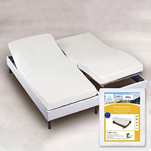 Alpes Blanc – Protège Matelas 2x70x190 spécial lit tête et Pieds relevable – Coton 400 g/m² - Alèse pour lit électrique articulé – Forme Drap Housse – Bonnet 30 cm – Fabrication Européenne