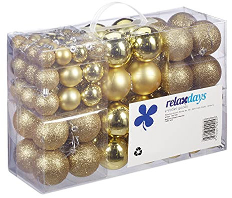 Relaxdays Weihnachtskugeln, 100er Set, Weihnachtsdeko, matt, glänzend, glitzernd, Christbaumkugel ∅ 3, 4 & 6 cm, gold