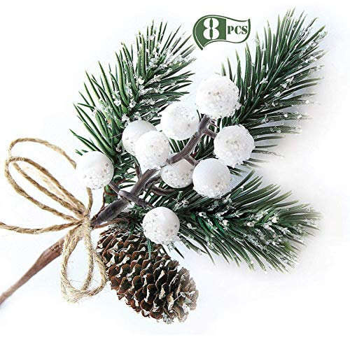 Puluole 10 Pcs Christmas Picks and Sprays,Artificial Holly Stem and White Berry,Pine Cones and Pine Branches,White Berries Christmas Decorations,Greenery Tree Picks for Birthday Wedding Decor