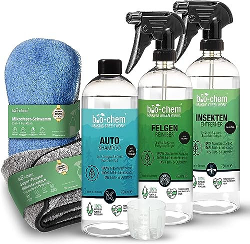 bio-chem Auto Reinigungsset Aussen Profi 5-teilig - für lackschonende Reinigung Aller KFZ-Oberflächen - Auto-Shampoo, Insektenentferner, Felgenreiniger, Flausch-Tuch & 2-in-1 Mikrofaser-Handschuh