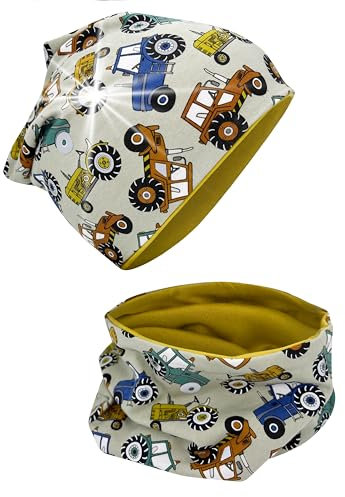 HECKBO Kinder Mütze & Loopschal Set - 360° Reflektor Sicherheit - Atmungsaktiver Baumwollstoff - Beanie Jungen Traktor, Einheitsgröße, Baumwolle