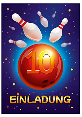 12 Einladungskarten zum 10. Kindergeburtstag Bowling Kegeln zehnte Geburtstag Mädchen Jungen