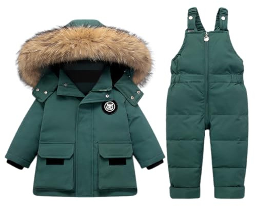 Bambino Tuta da Neve Inverno 2 Pezzi Piumino Giacca Cappotto con Nevicare Bavaglino Pantaloni Ragazzi Ragazze Tuta da Sci Vestiario Verde 2-3 Anni